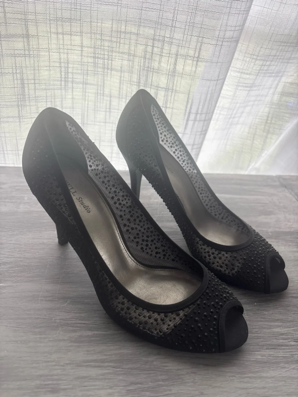 Adrianna Papell Black Embellished Peep-Toe Heels